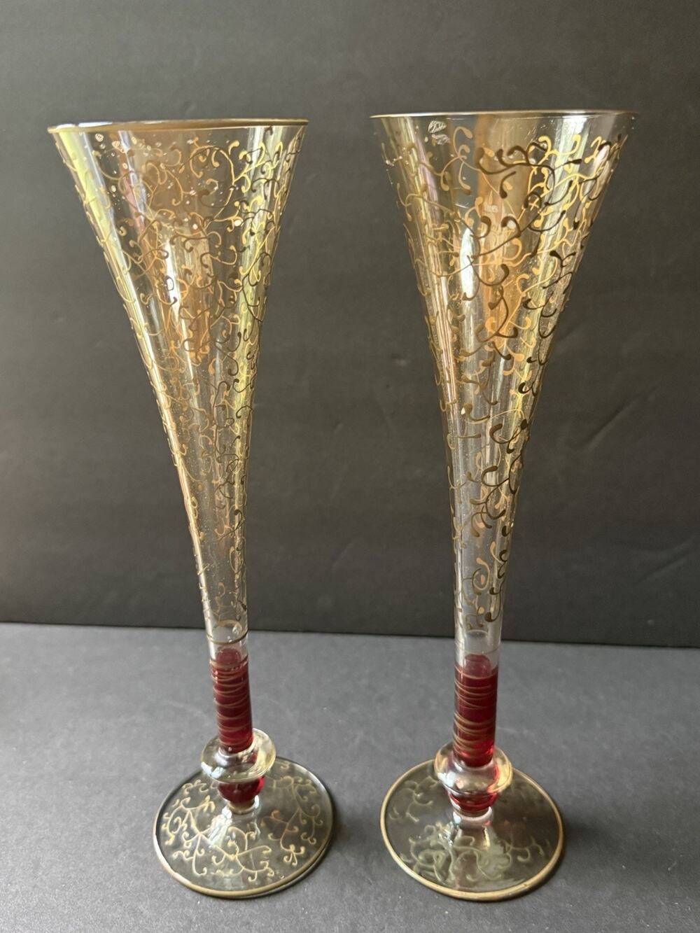 Pier One Roja Champagne Glasses Red Gold Hand Blown Set (2) Barware Cocktail